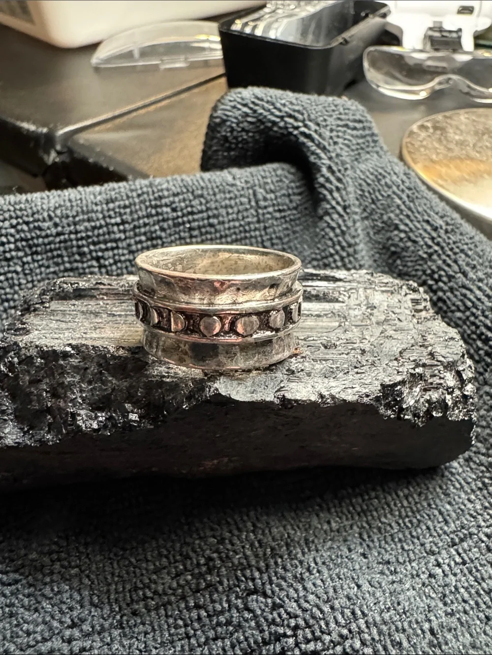 Sterling-Look Silver Band Ring with Blue Opal Accent